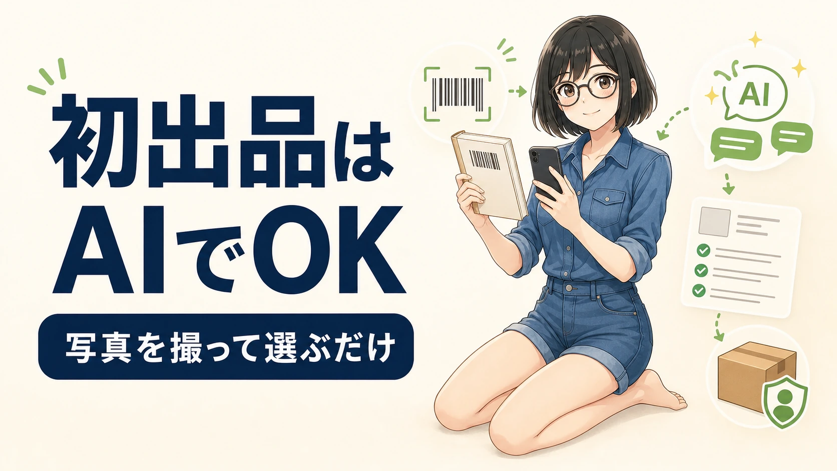 バーコード本をスマホで読み取り、AIで初出品の準備を進める女性のイラスト