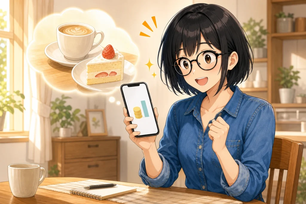 メルカリの売上金をカフェ代に使えると知り、スマートフォンを見て喜ぶ女性のイラスト