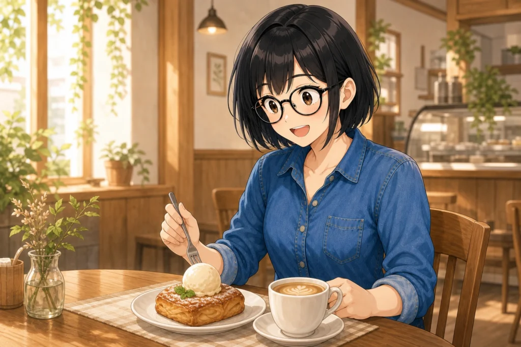 カフェでコーヒーとデザートを味わい、不用品販売の利益を楽しむ女性のイラスト
