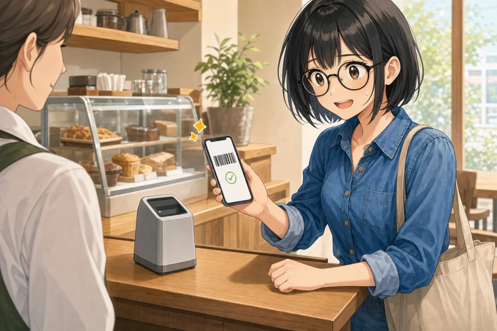 カフェのレジでスマートフォンを提示し、メルペイで支払う女性のイラスト