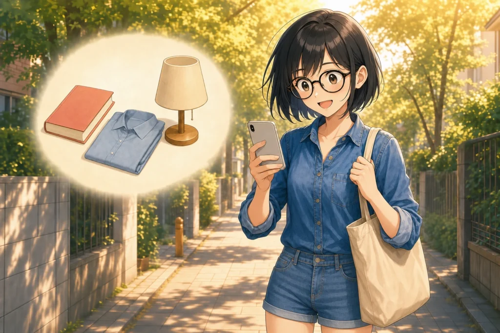 カフェからの帰り道、次に出品する本や服、照明を考える女性のイラスト