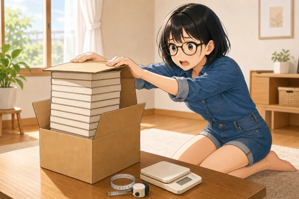 本のまとめ売りを小さすぎる段ボールに仮梱包し、箱のふたが閉まらず焦る女性のイラスト