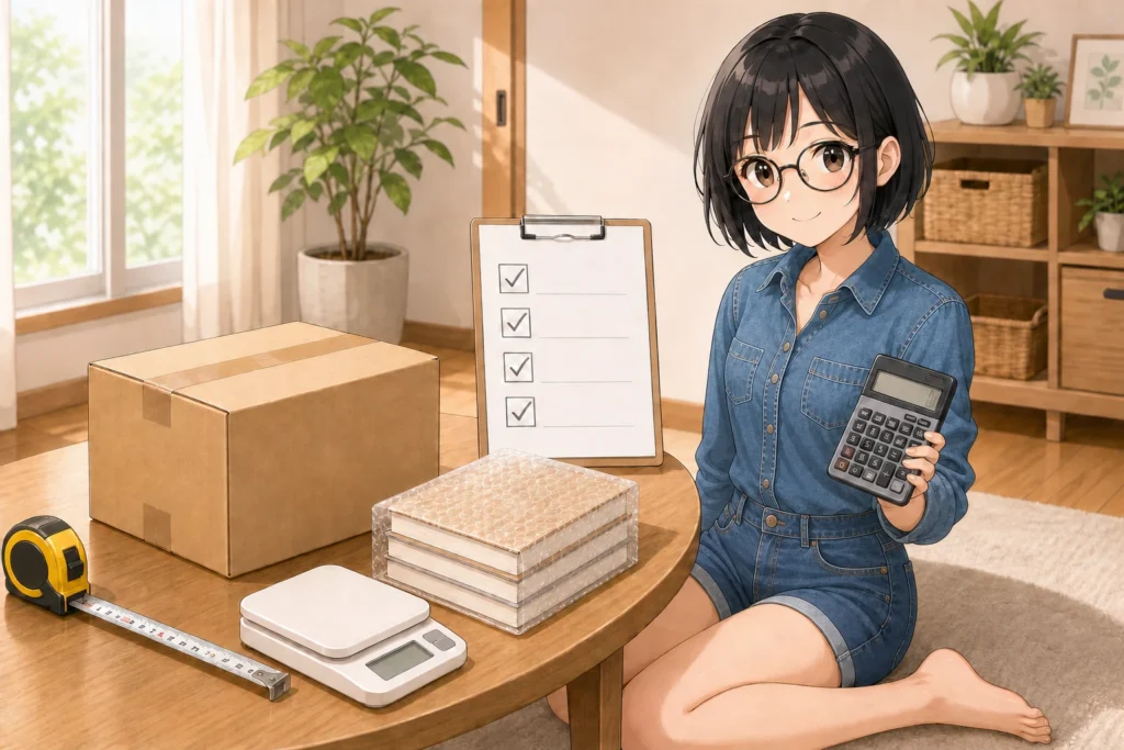 段ボールのサイズと重さを測り、電卓とチェック表で出品前の送料を確認する女性のイラスト