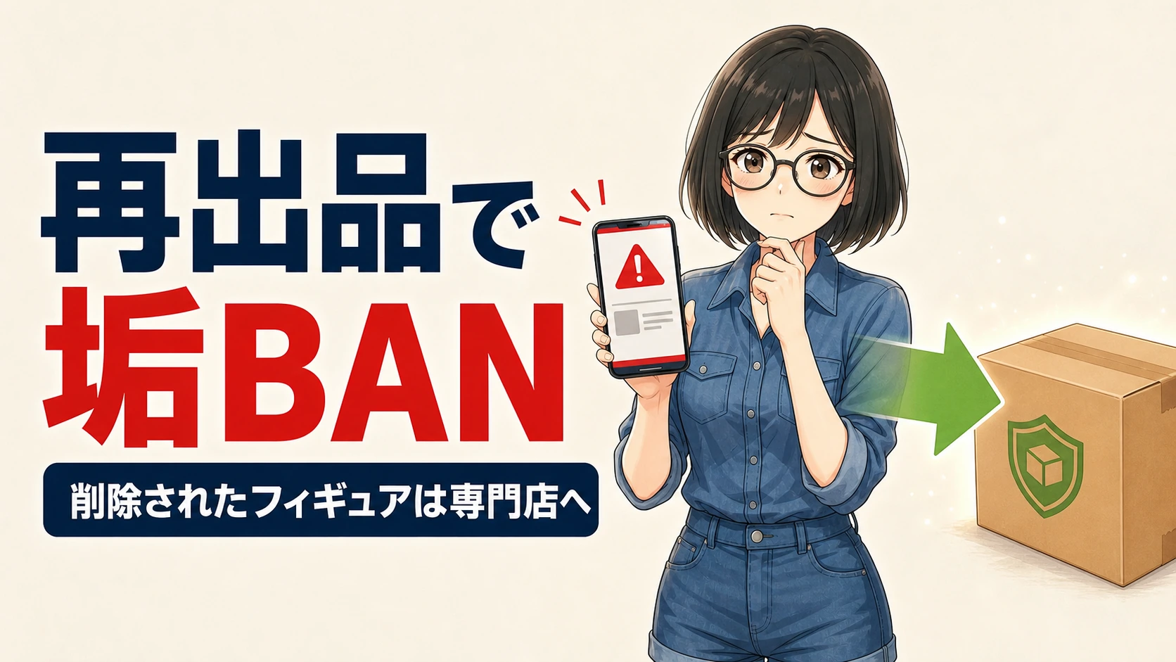 再出品の削除警告に困惑し、専門店への安全な発送を選ぶ女性のイラスト