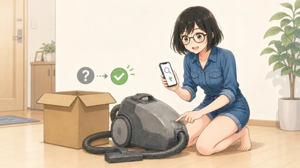 古い掃除機の型番をスマホで確認し、売れる可能性に気づく女性のイラスト
