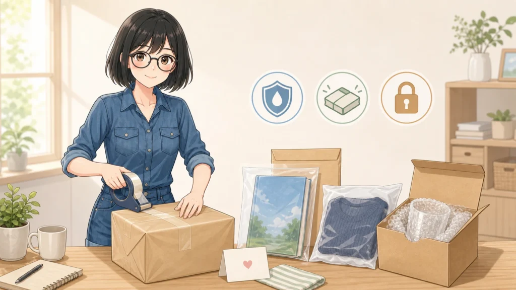 丁寧に梱包した商品と3つの梱包原則を示し、安心して発送準備をする女性のイラスト
