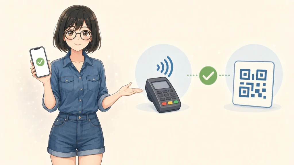 スマホ決済の設定を終え、タッチ決済とコード決済の選択肢を案内する女性のイラスト