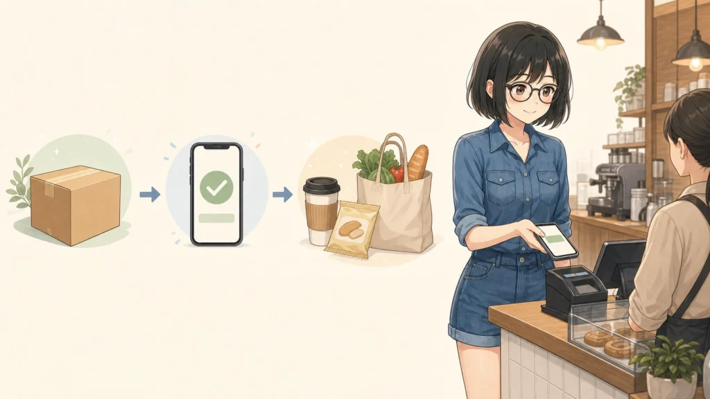 不用品販売の売上金をスマホ決済で使い、コーヒーや買い物など日常の楽しみに変える女性のイラスト