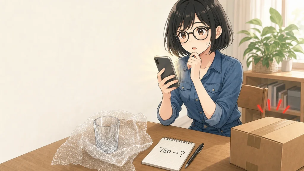 売れた商品を見て喜ぶ女性が、送料で赤字になる可能性に気づくイラスト