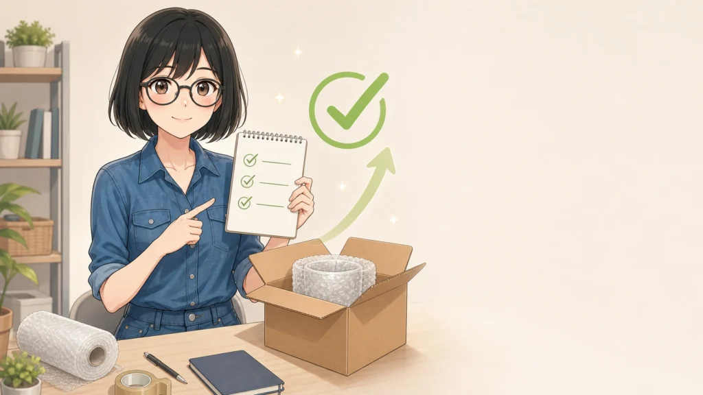 梱包サイズと発送方法を見直し、赤字を回避して安心する女性のイラスト