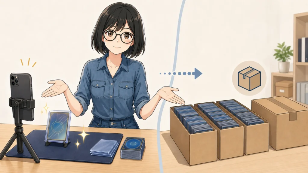 高額カードの撮影準備と大量カードの箱詰めを比較し、売り方を仕分ける女性のイラスト