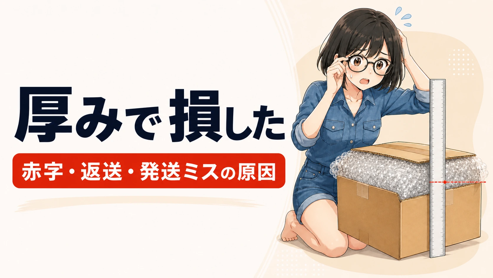 梱包した荷物の厚みに気づき、送料が心配で困っている女性のイラスト